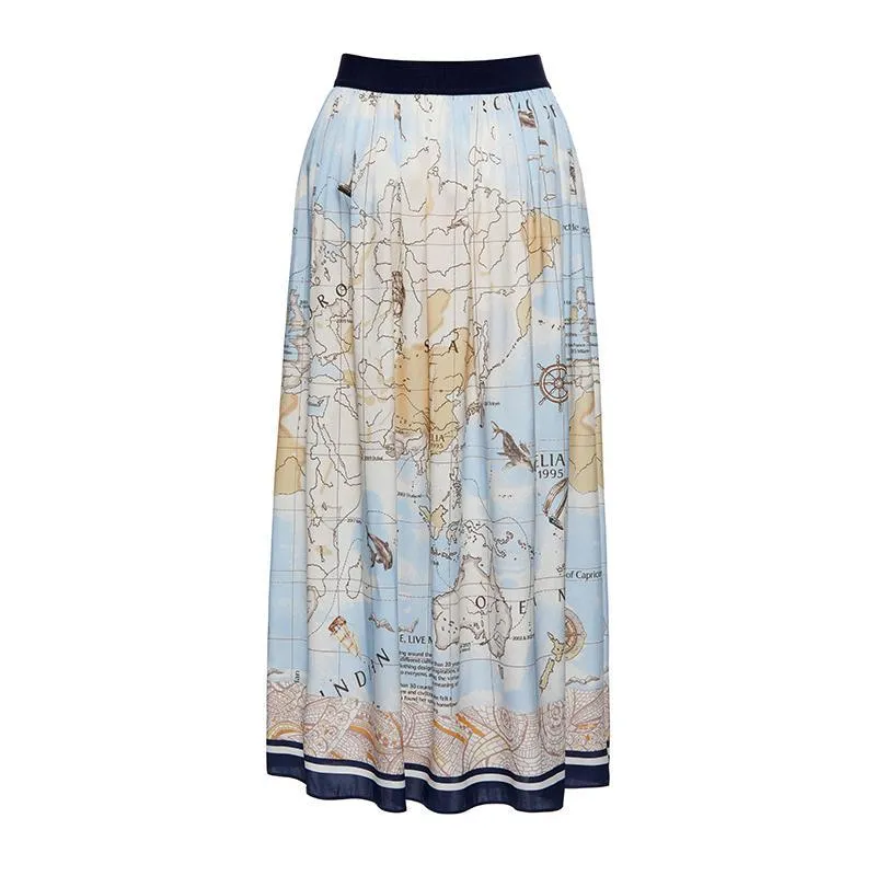 19 Momme Silk Map Print Women Skirt