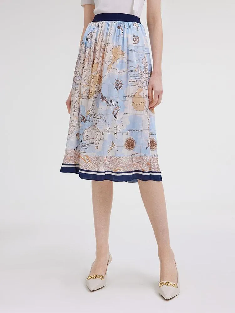 19 Momme Silk Map Print Women Skirt