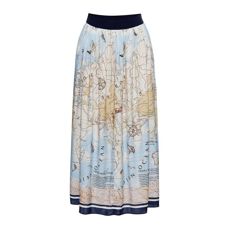 19 Momme Silk Map Print Women Skirt