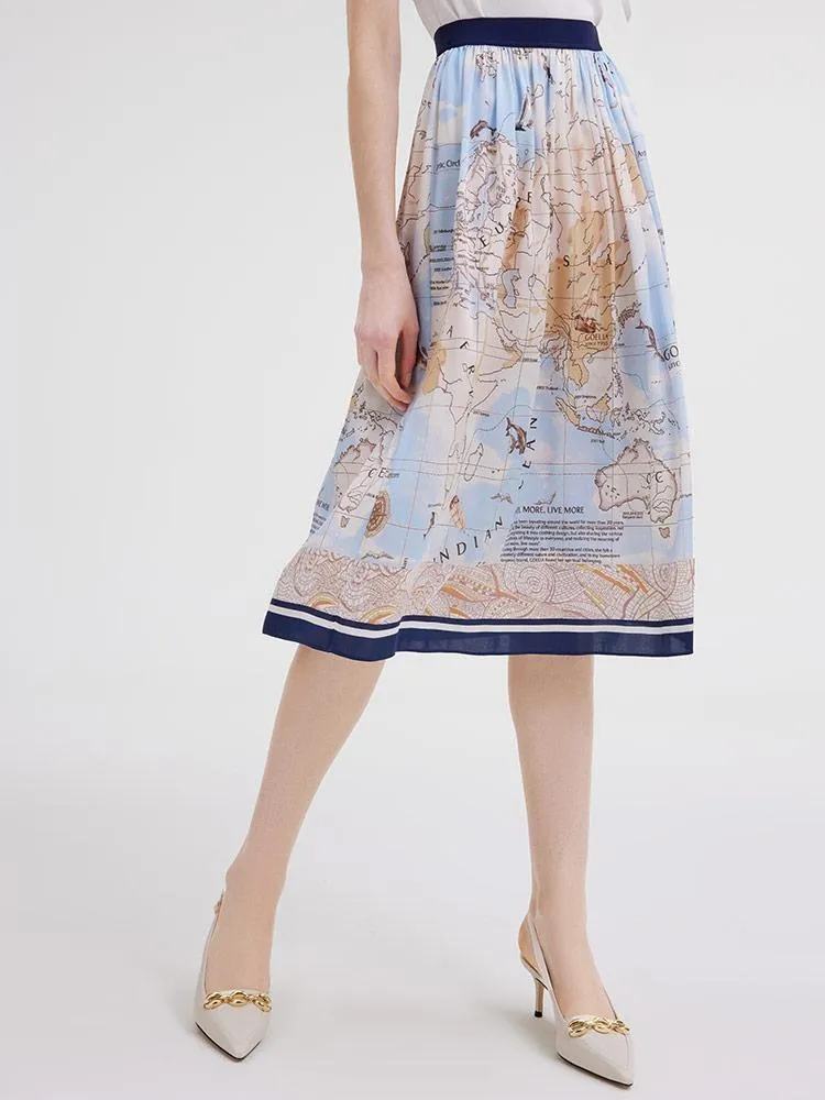 19 Momme Silk Map Print Women Skirt