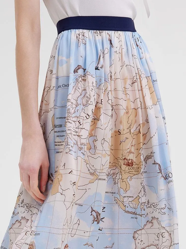 19 Momme Silk Map Print Women Skirt