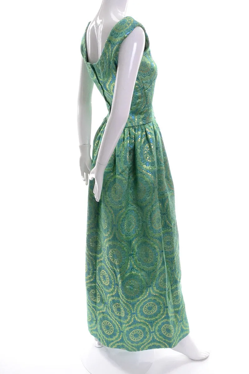 1960's Emerald Green Metallic Gold Satin Vintage Dress Evening Gown