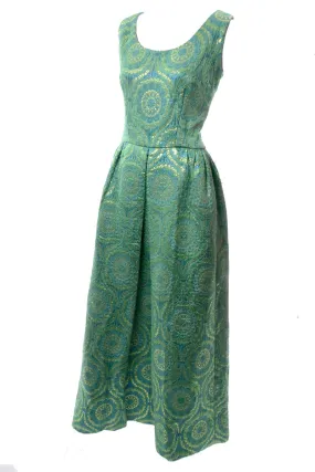 1960's Emerald Green Metallic Gold Satin Vintage Dress Evening Gown