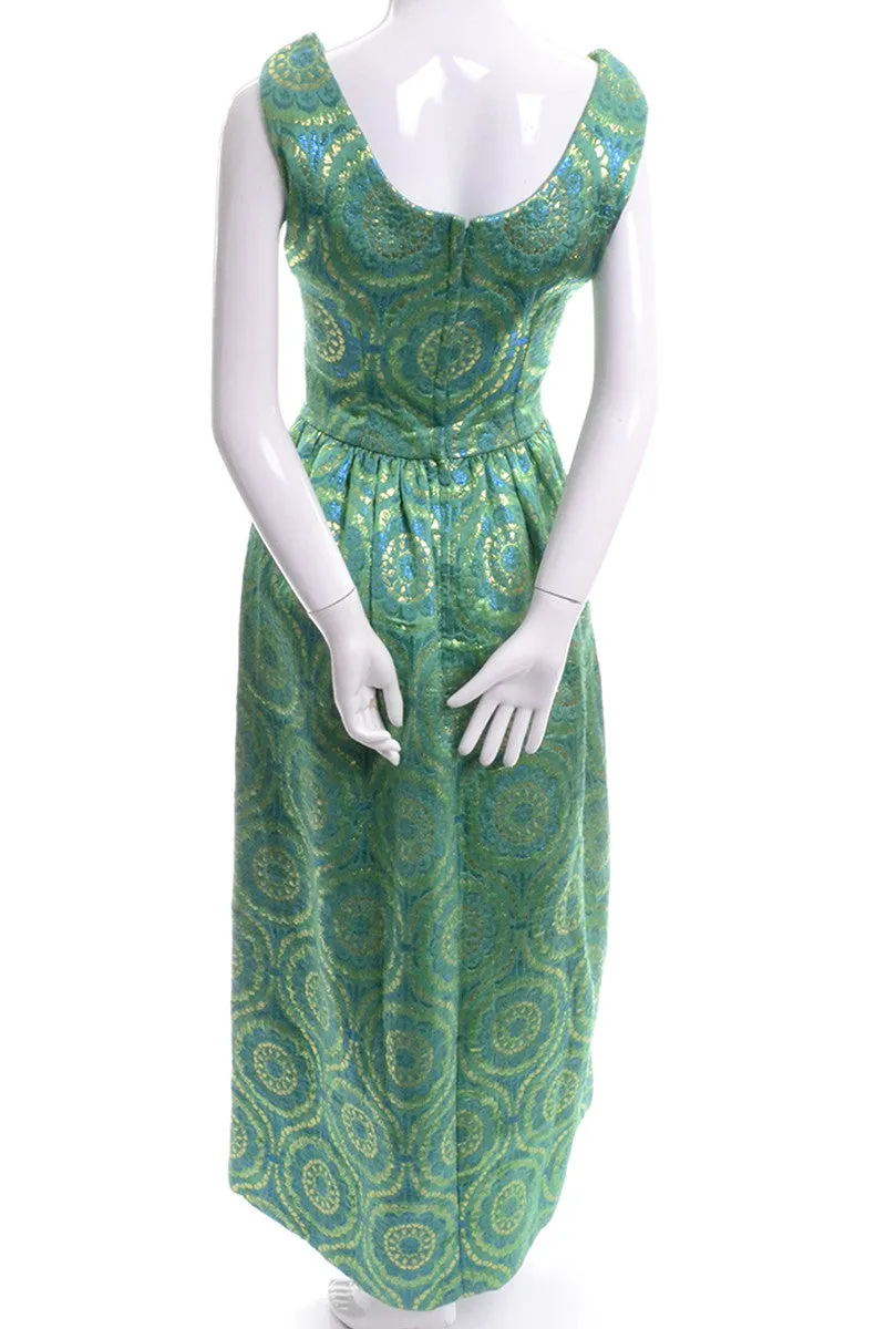 1960's Emerald Green Metallic Gold Satin Vintage Dress Evening Gown