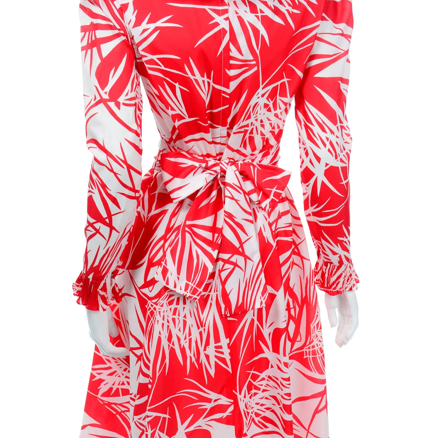 1970s Vintage Victor Costa Red Abstract Tropical Print Dress w Ruffles