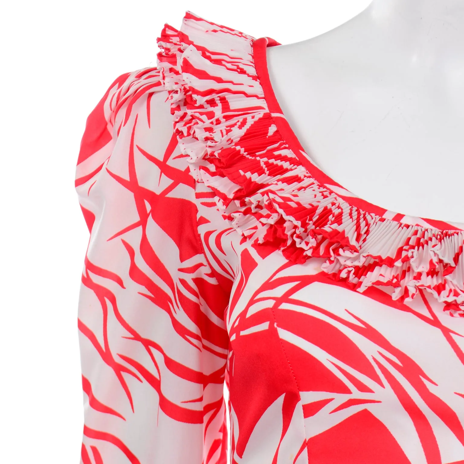 1970s Vintage Victor Costa Red Abstract Tropical Print Dress w Ruffles