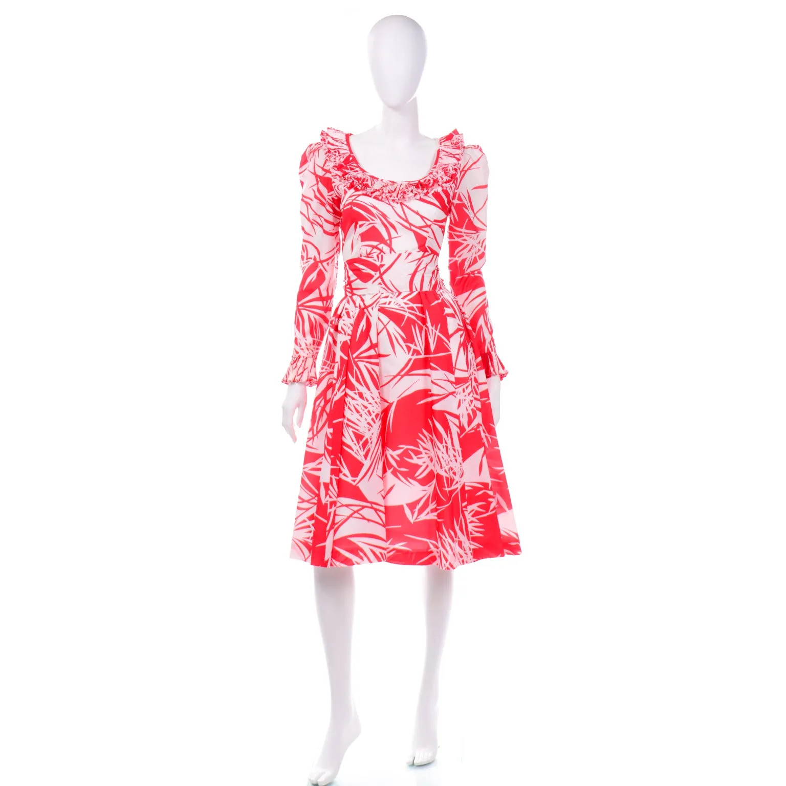 1970s Vintage Victor Costa Red Abstract Tropical Print Dress w Ruffles