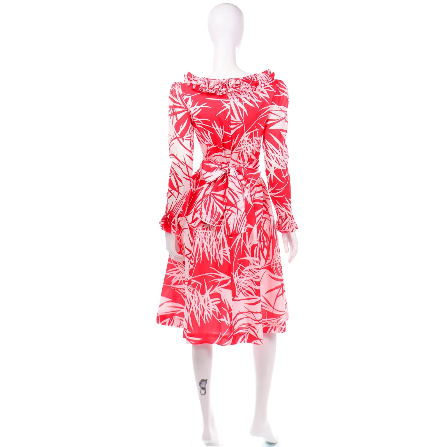 1970s Vintage Victor Costa Red Abstract Tropical Print Dress w Ruffles