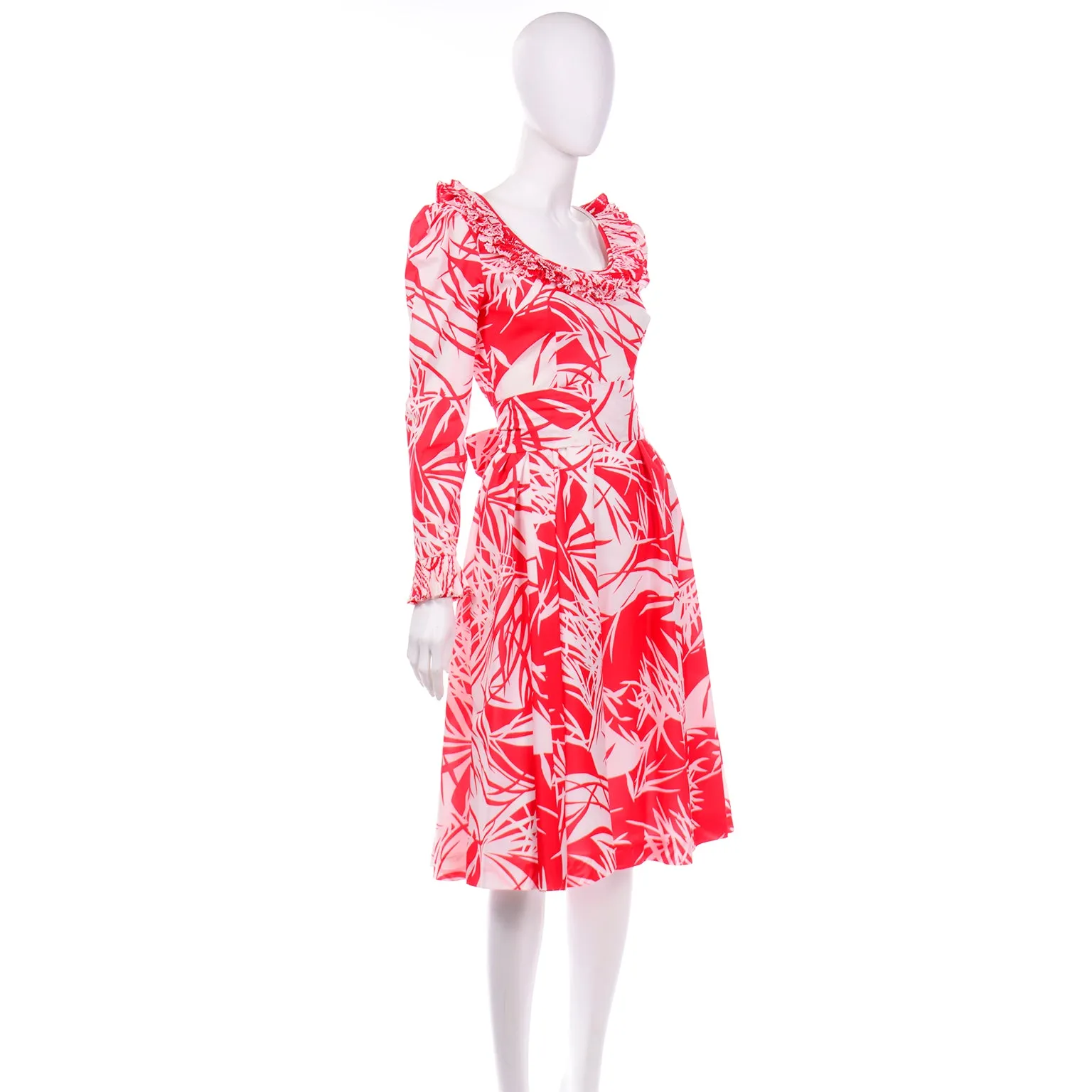 1970s Vintage Victor Costa Red Abstract Tropical Print Dress w Ruffles