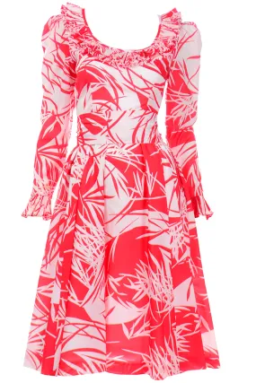 1970s Vintage Victor Costa Red Abstract Tropical Print Dress w Ruffles