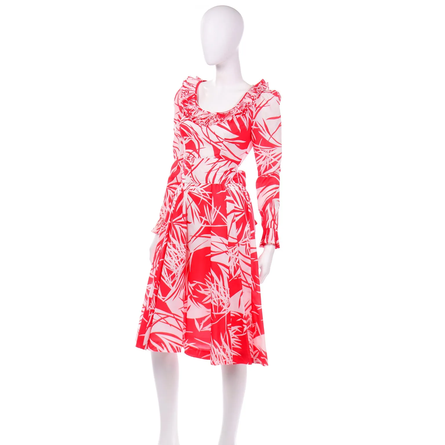 1970s Vintage Victor Costa Red Abstract Tropical Print Dress w Ruffles