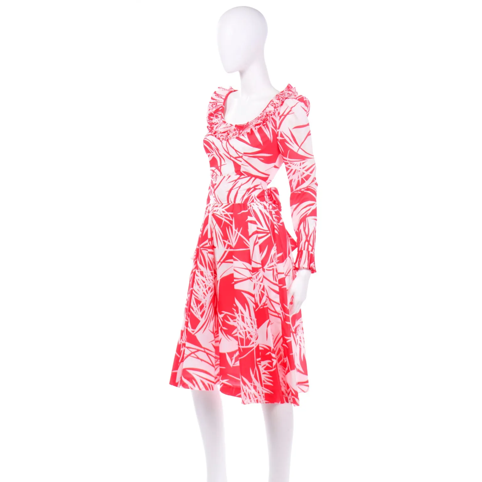 1970s Vintage Victor Costa Red Abstract Tropical Print Dress w Ruffles