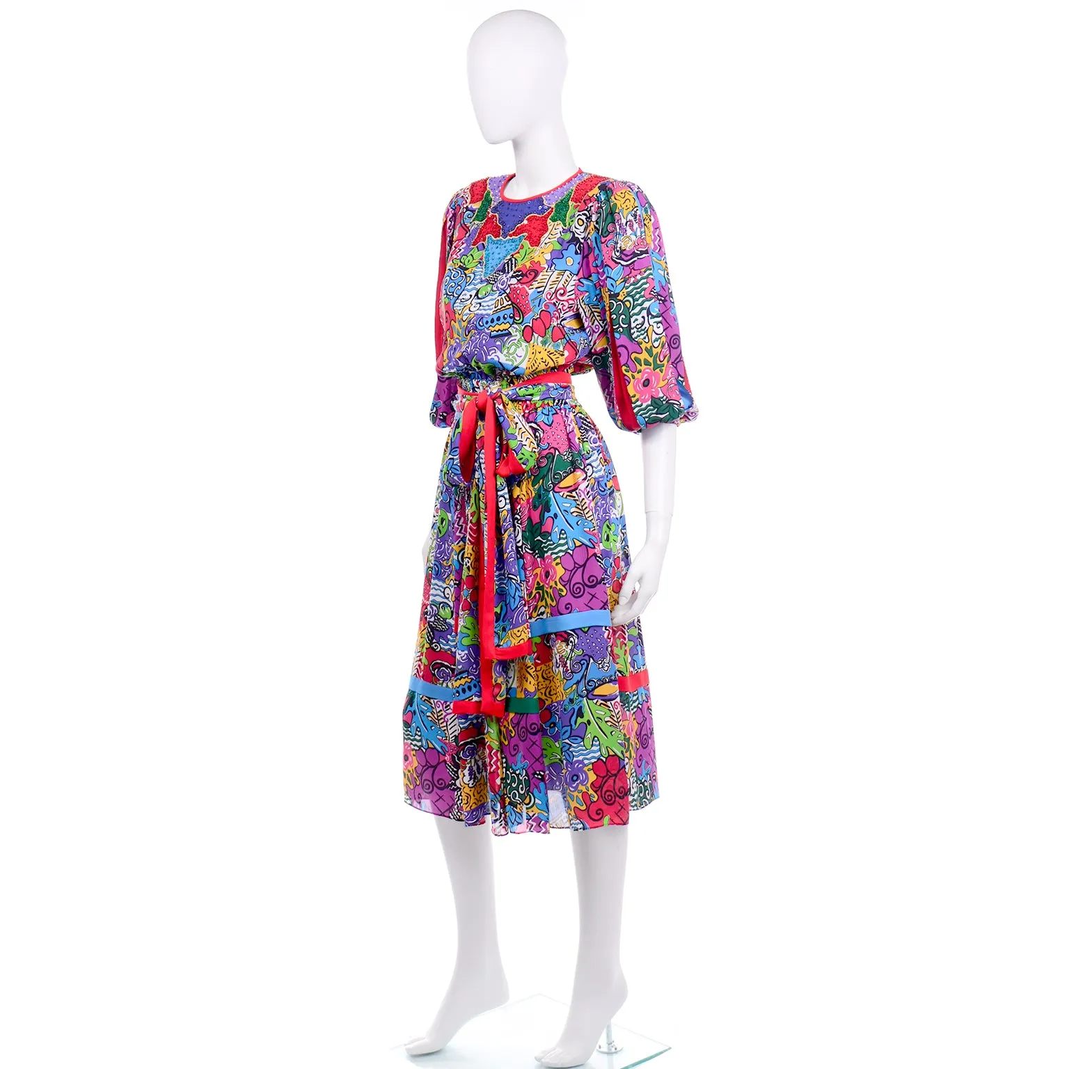 1980s Diane Freis Multi-Colored Botanical Print Dress Pleated Puff Sleeves