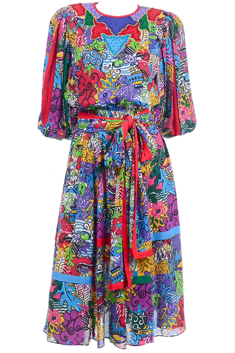 1980s Diane Freis Multi-Colored Botanical Print Dress Pleated Puff Sleeves