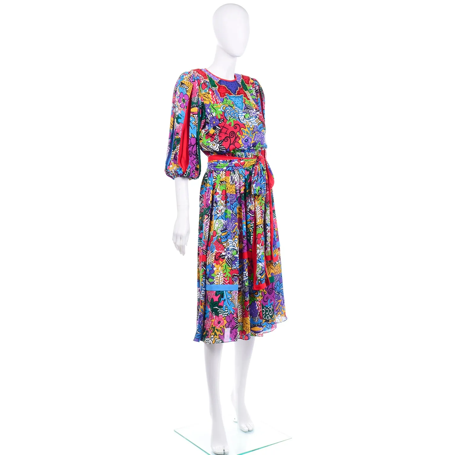 1980s Diane Freis Multi-Colored Botanical Print Dress Pleated Puff Sleeves