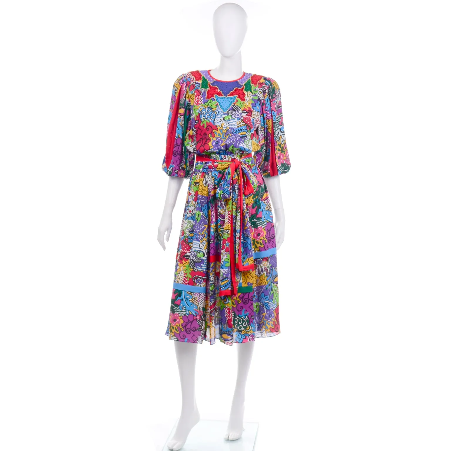 1980s Diane Freis Multi-Colored Botanical Print Dress Pleated Puff Sleeves