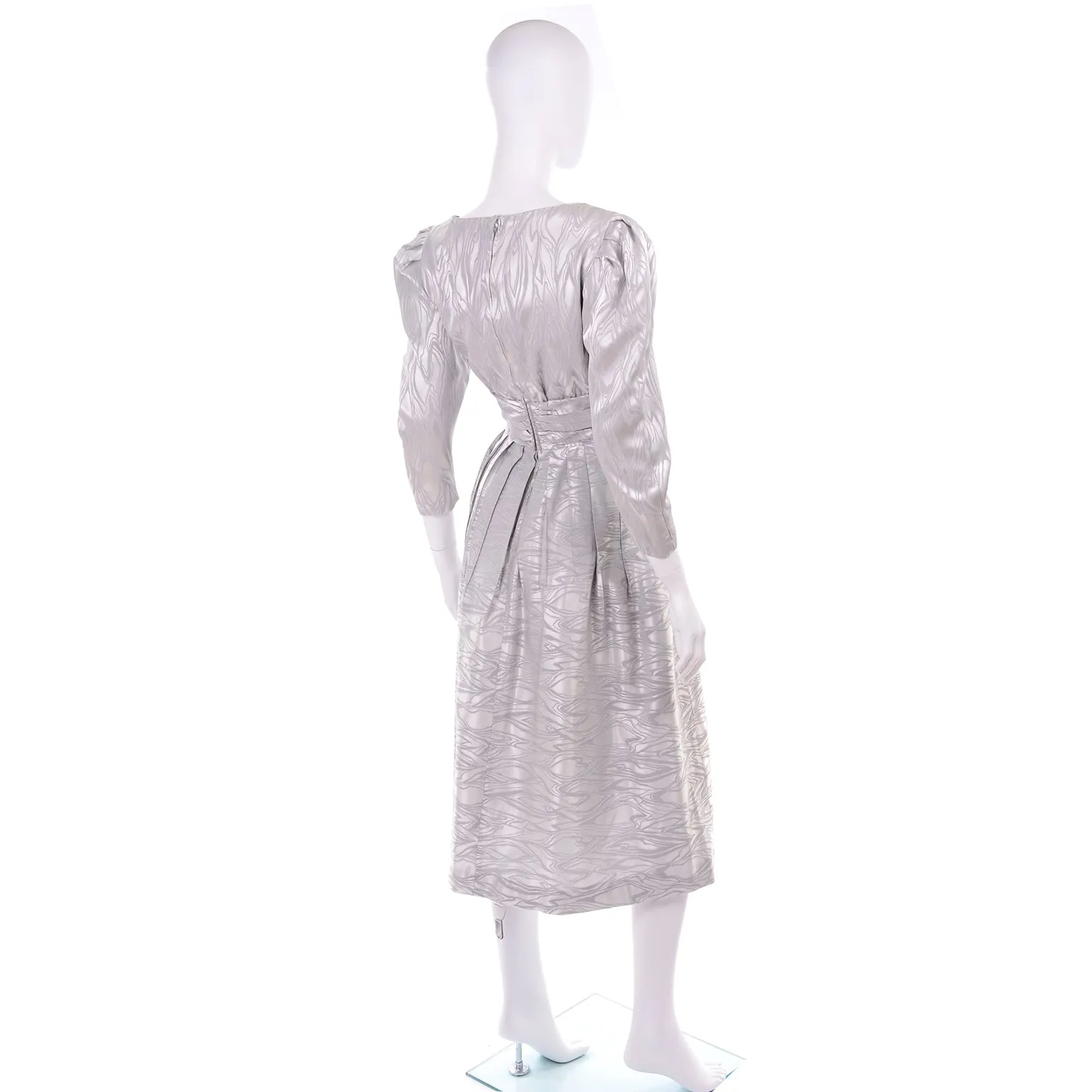 1980s Vintage AJ Bari Silver Tonal Print Evening Dress W Puff Sleeves