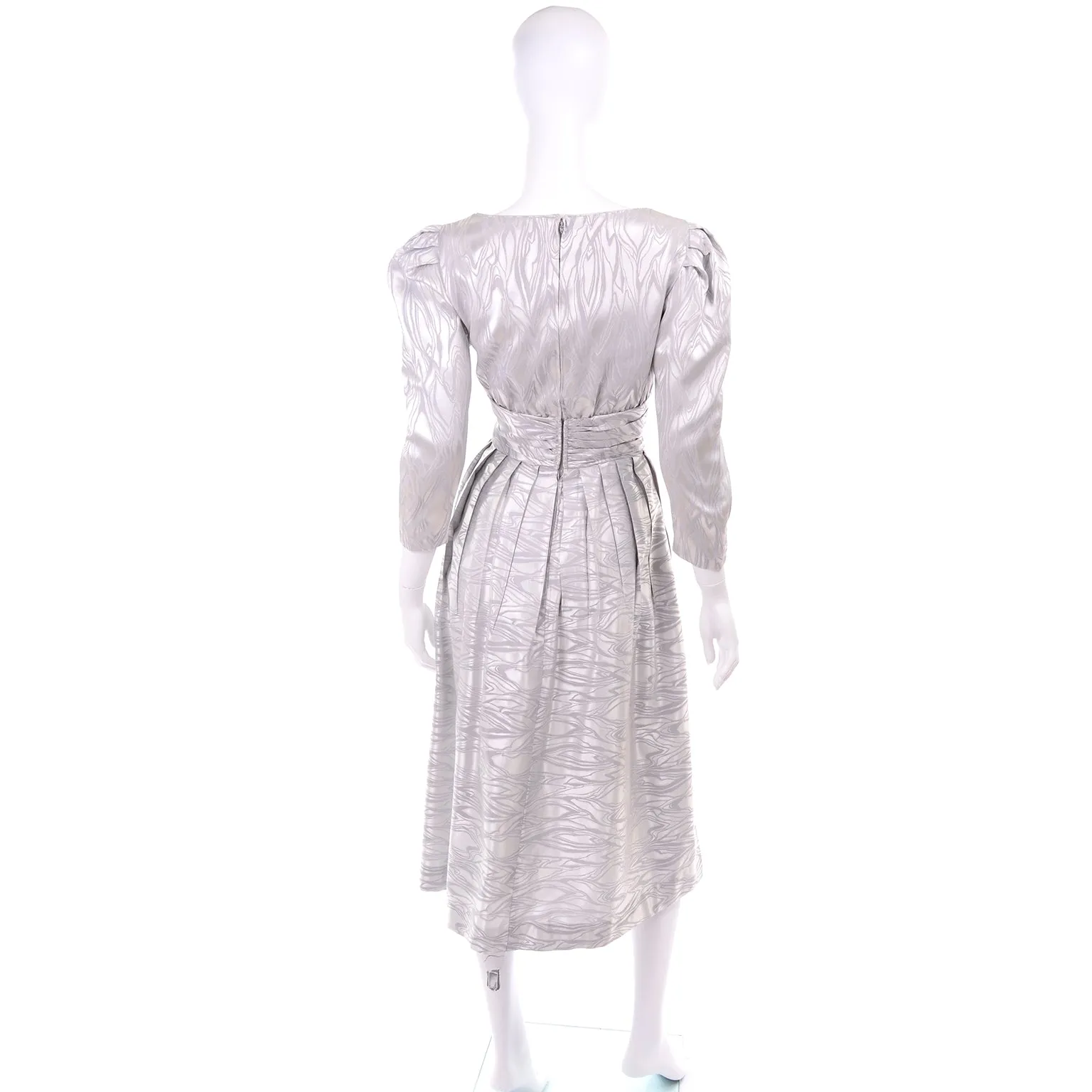 1980s Vintage AJ Bari Silver Tonal Print Evening Dress W Puff Sleeves