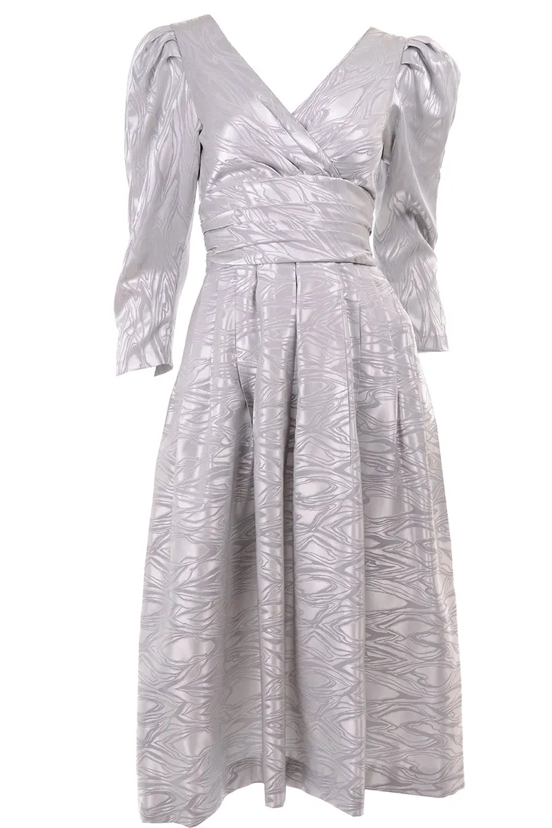 1980s Vintage AJ Bari Silver Tonal Print Evening Dress W Puff Sleeves