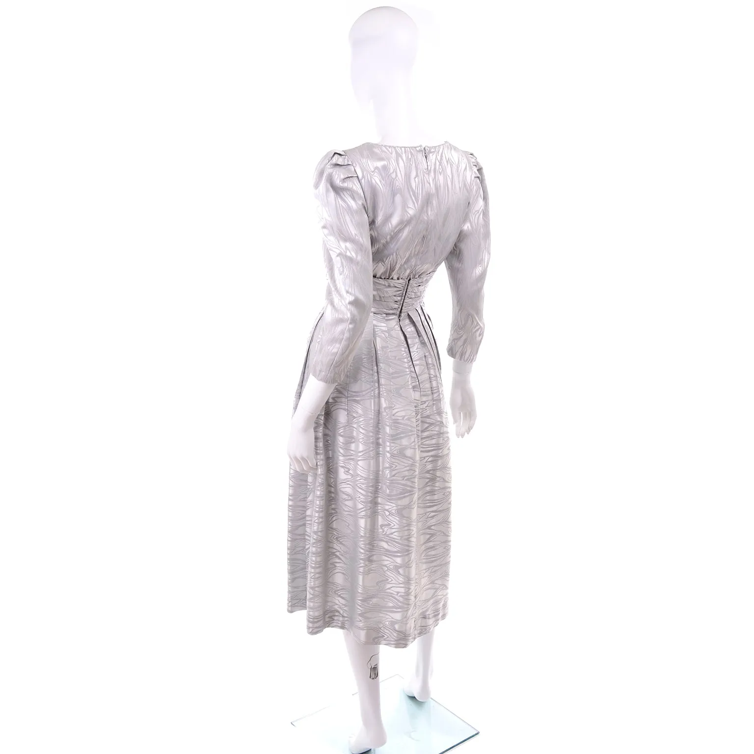 1980s Vintage AJ Bari Silver Tonal Print Evening Dress W Puff Sleeves