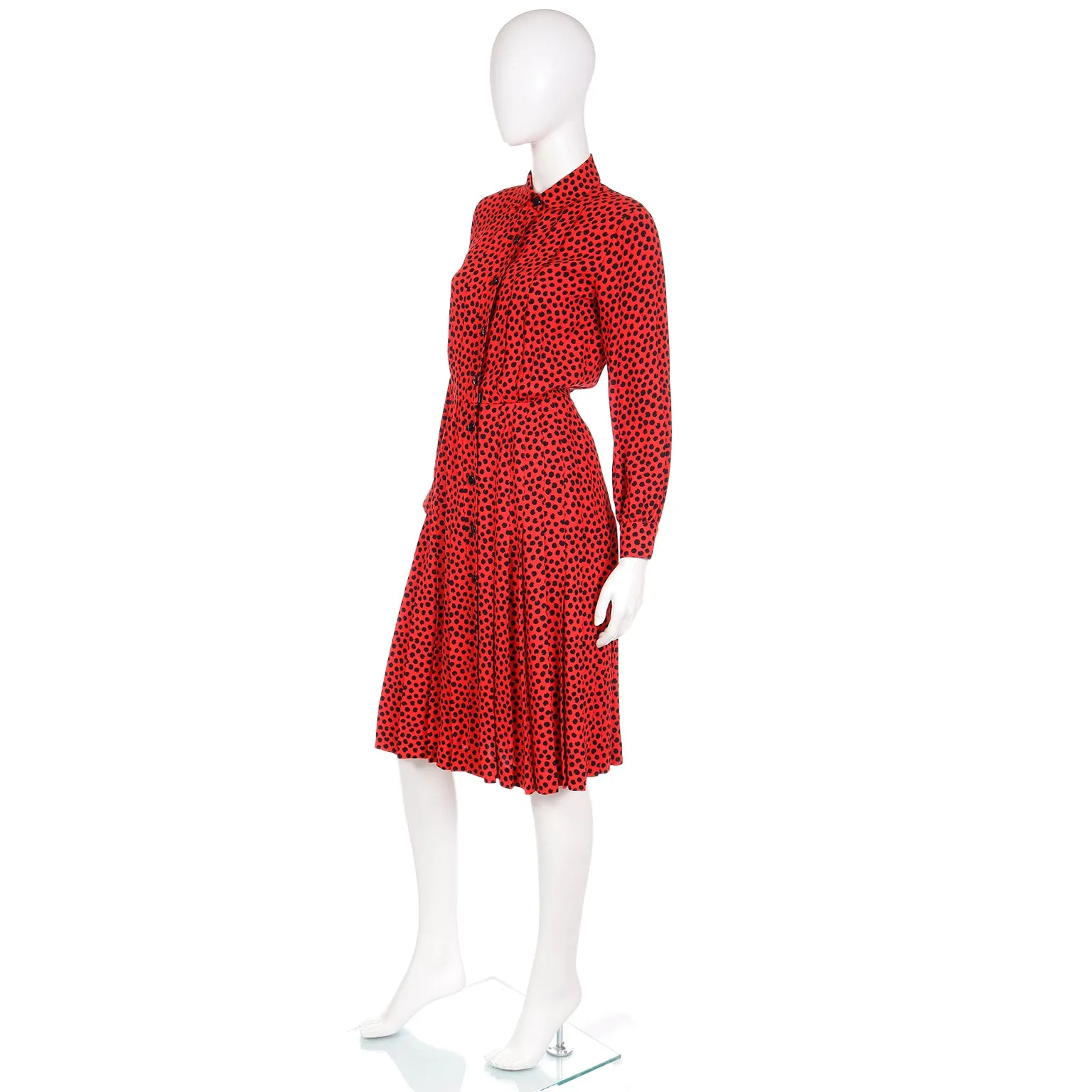 1980s Yves Saint Laurent Red & Black Abstract Print Silk Dress