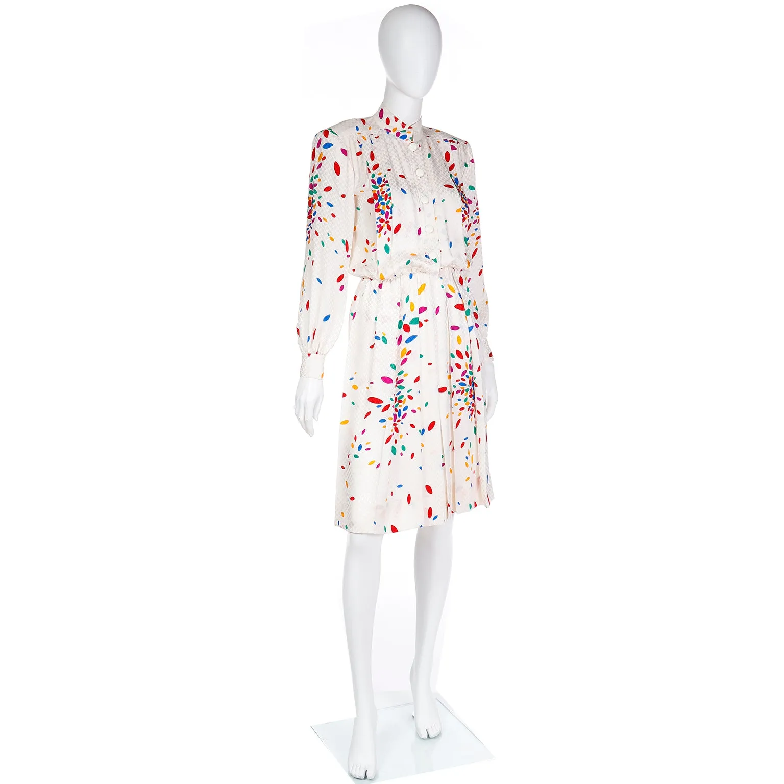 1980s Yves Saint Laurent Tonal Print Ivory Silk Dress w Colorful Shapes