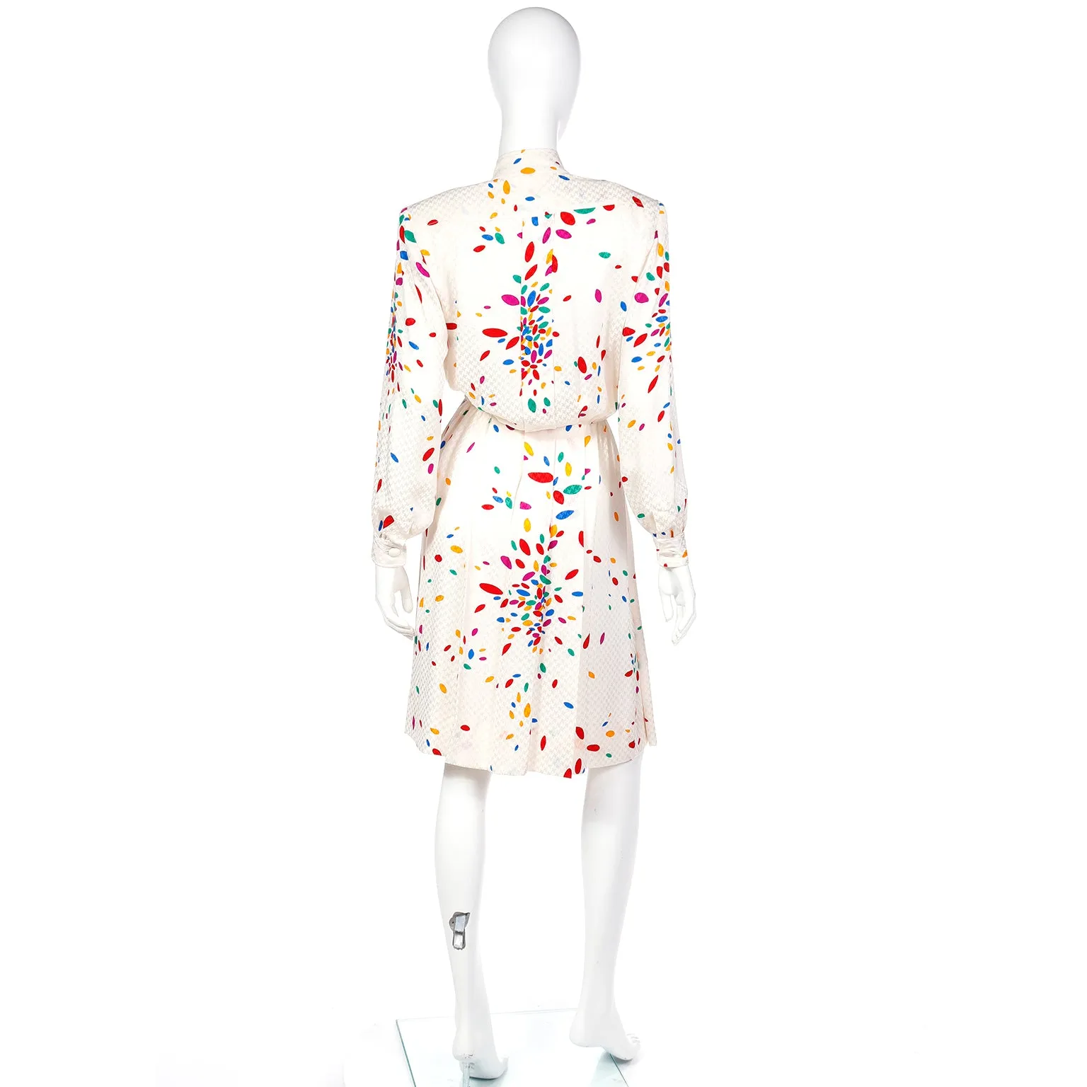 1980s Yves Saint Laurent Tonal Print Ivory Silk Dress w Colorful Shapes