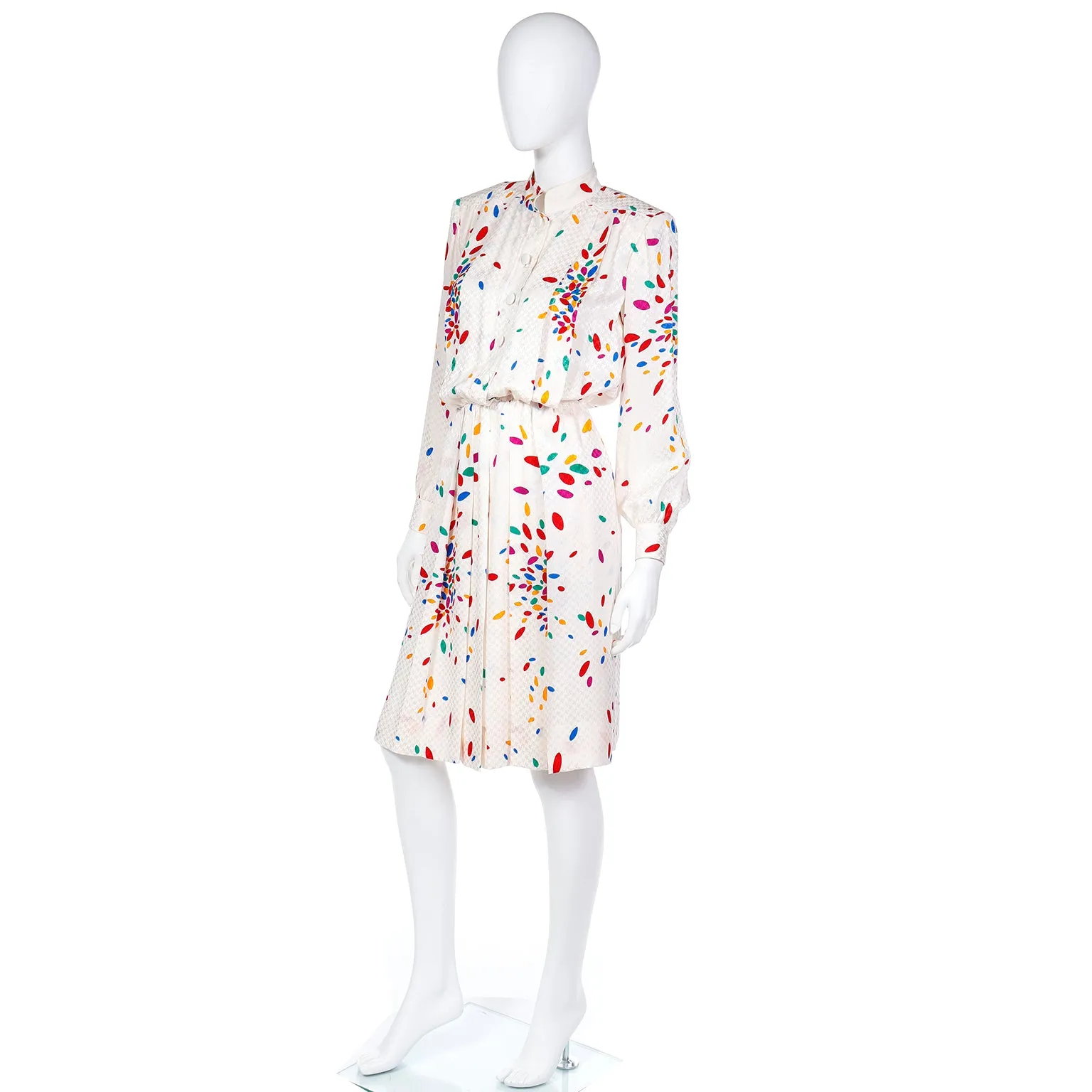 1980s Yves Saint Laurent Tonal Print Ivory Silk Dress w Colorful Shapes