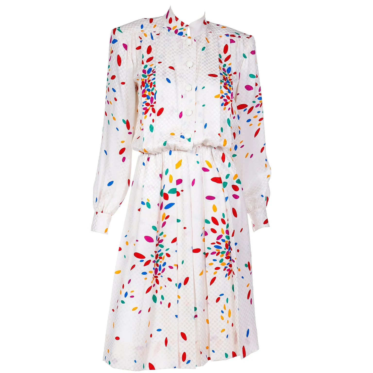 1980s Yves Saint Laurent Tonal Print Ivory Silk Dress w Colorful Shapes