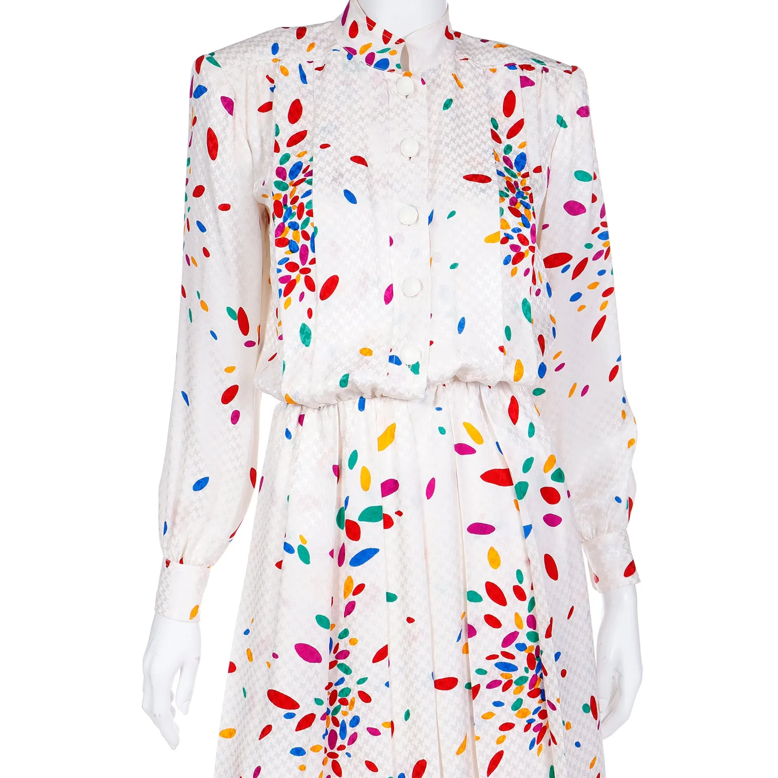 1980s Yves Saint Laurent Tonal Print Ivory Silk Dress w Colorful Shapes