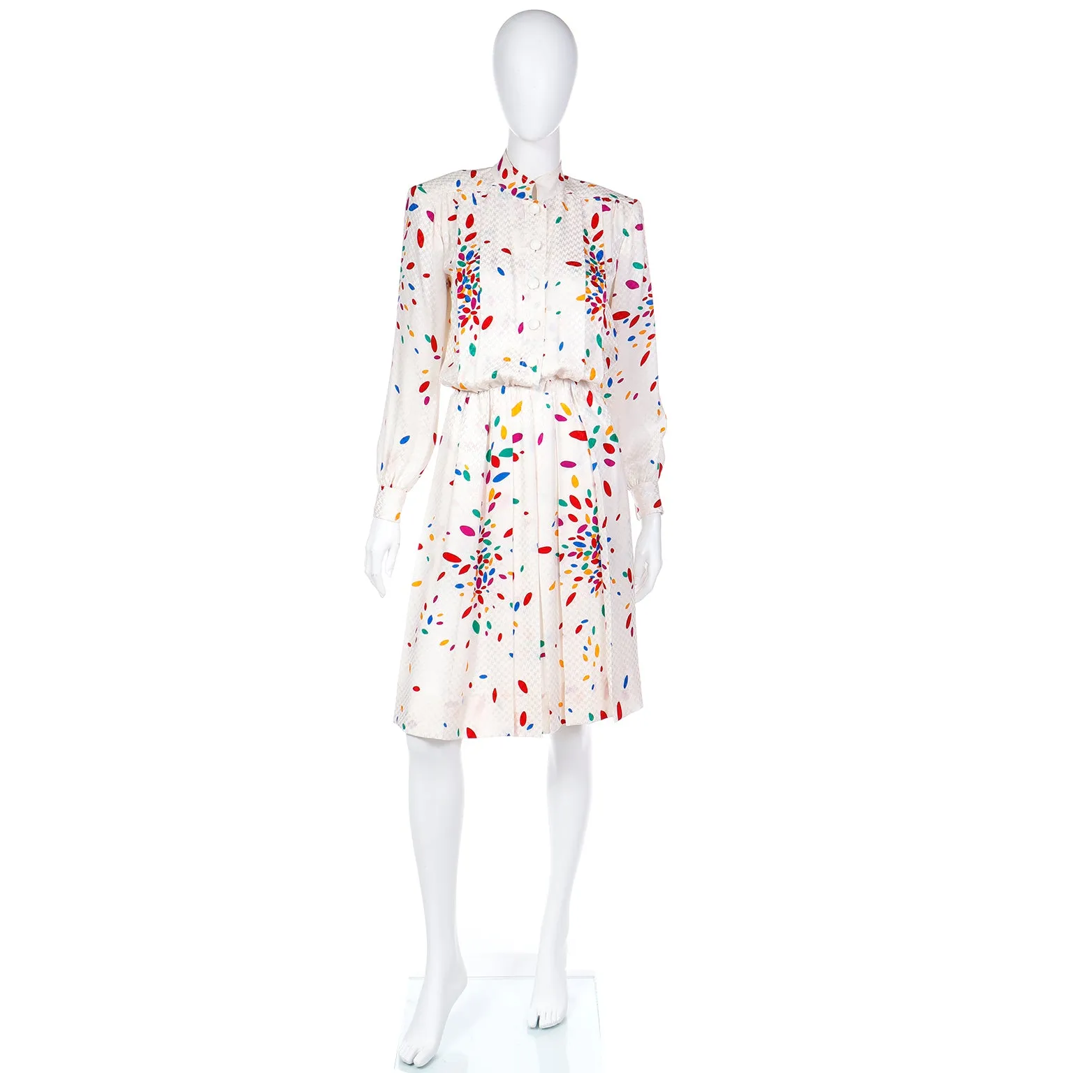 1980s Yves Saint Laurent Tonal Print Ivory Silk Dress w Colorful Shapes