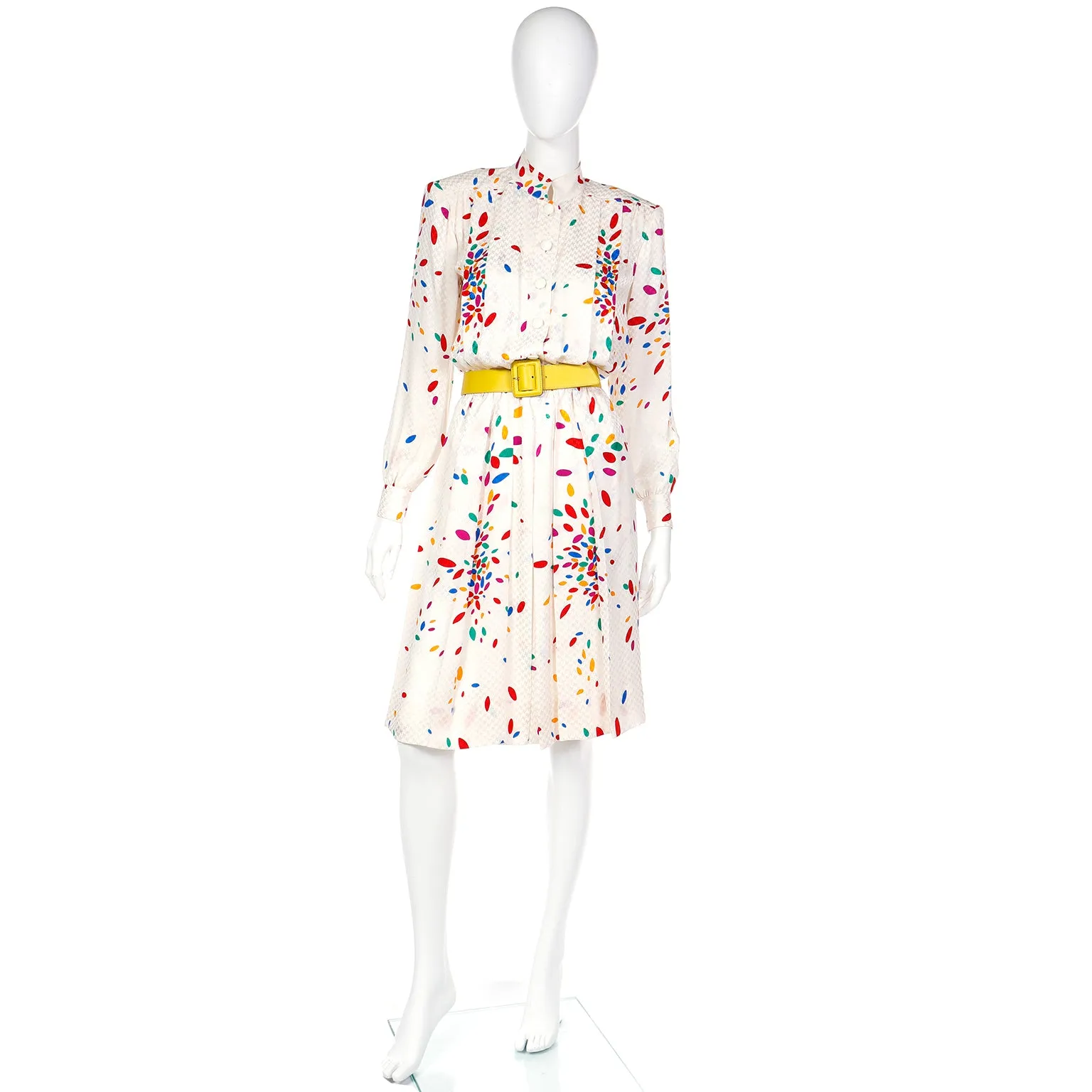 1980s Yves Saint Laurent Tonal Print Ivory Silk Dress w Colorful Shapes