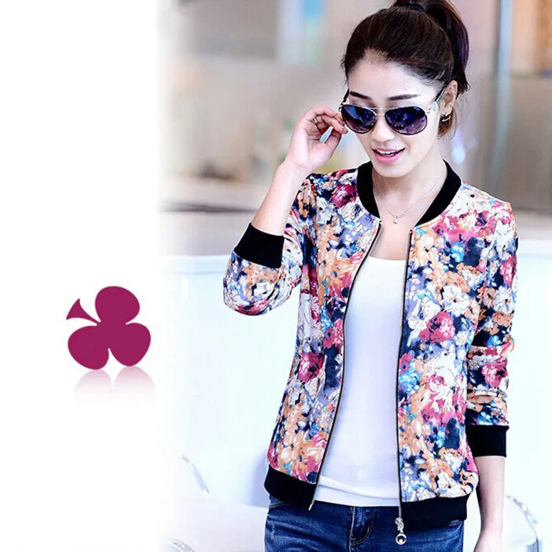 2016 New Autumn Vintage Coat Sweet Floral Print Bomber Jacket Women Long-sleeved Bomber Short Zipper Jacket Coats