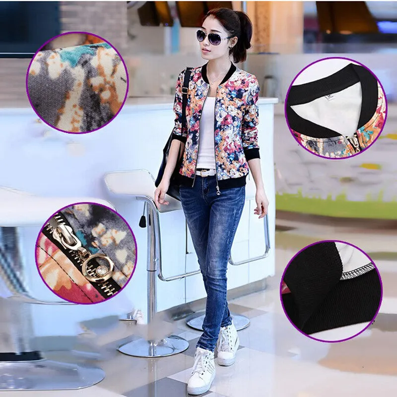 2016 New Autumn Vintage Coat Sweet Floral Print Bomber Jacket Women Long-sleeved Bomber Short Zipper Jacket Coats