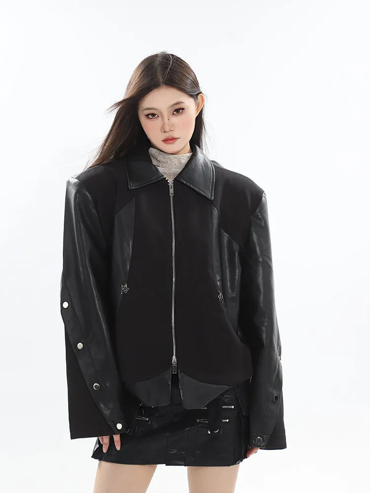 【23s October.】Oversize Paneled Leather Bomber Jacket