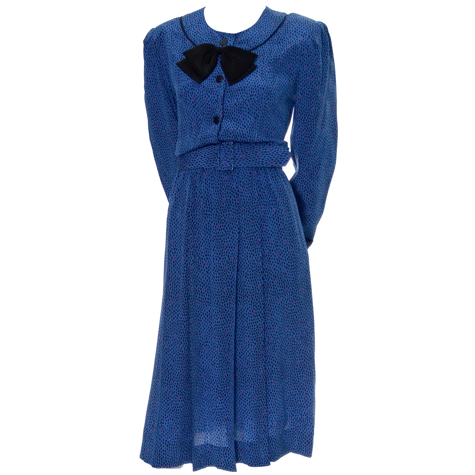 Albert Nipon Blue Abstract Dot Silk Dress With Bow Original Belt