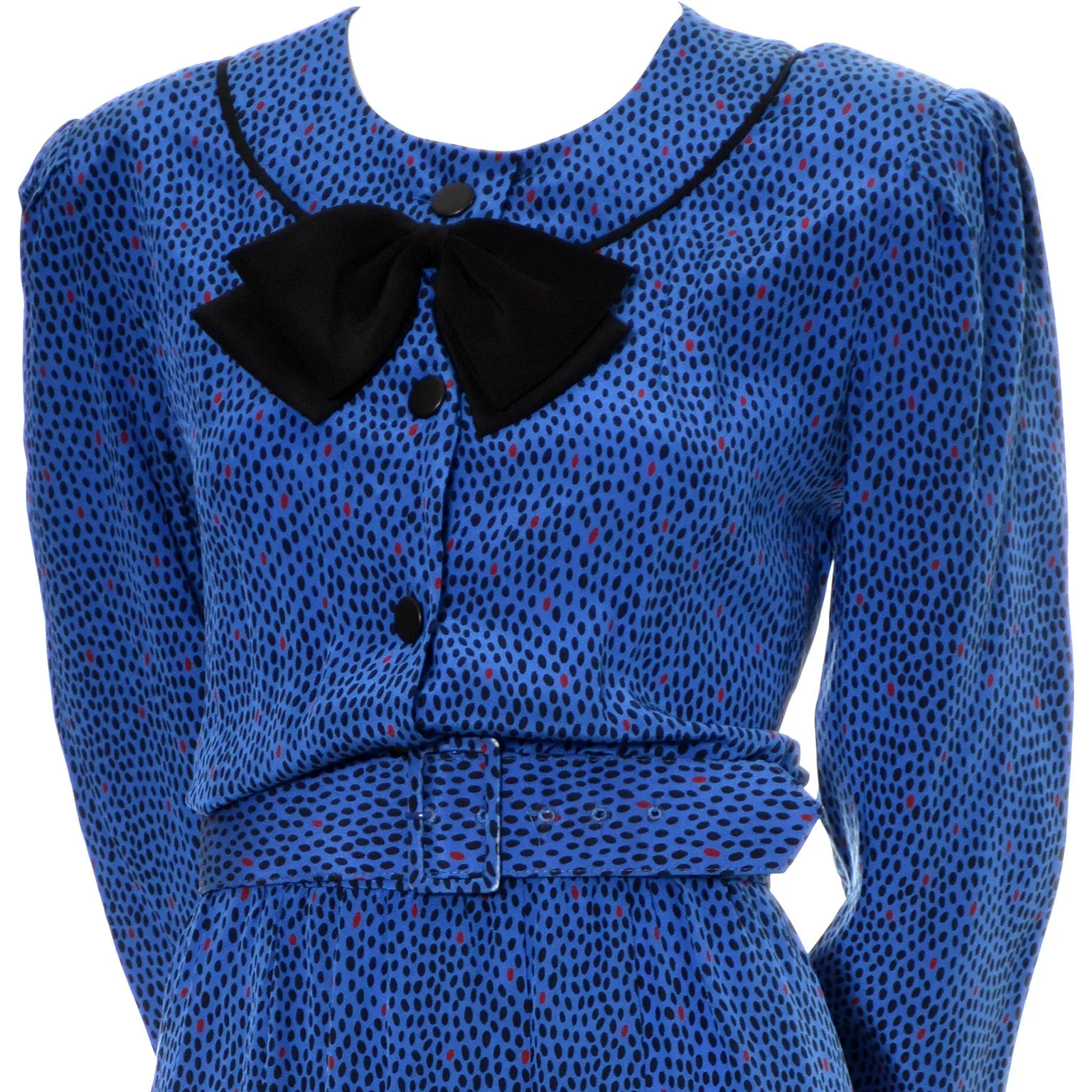 Albert Nipon Blue Abstract Dot Silk Dress With Bow Original Belt