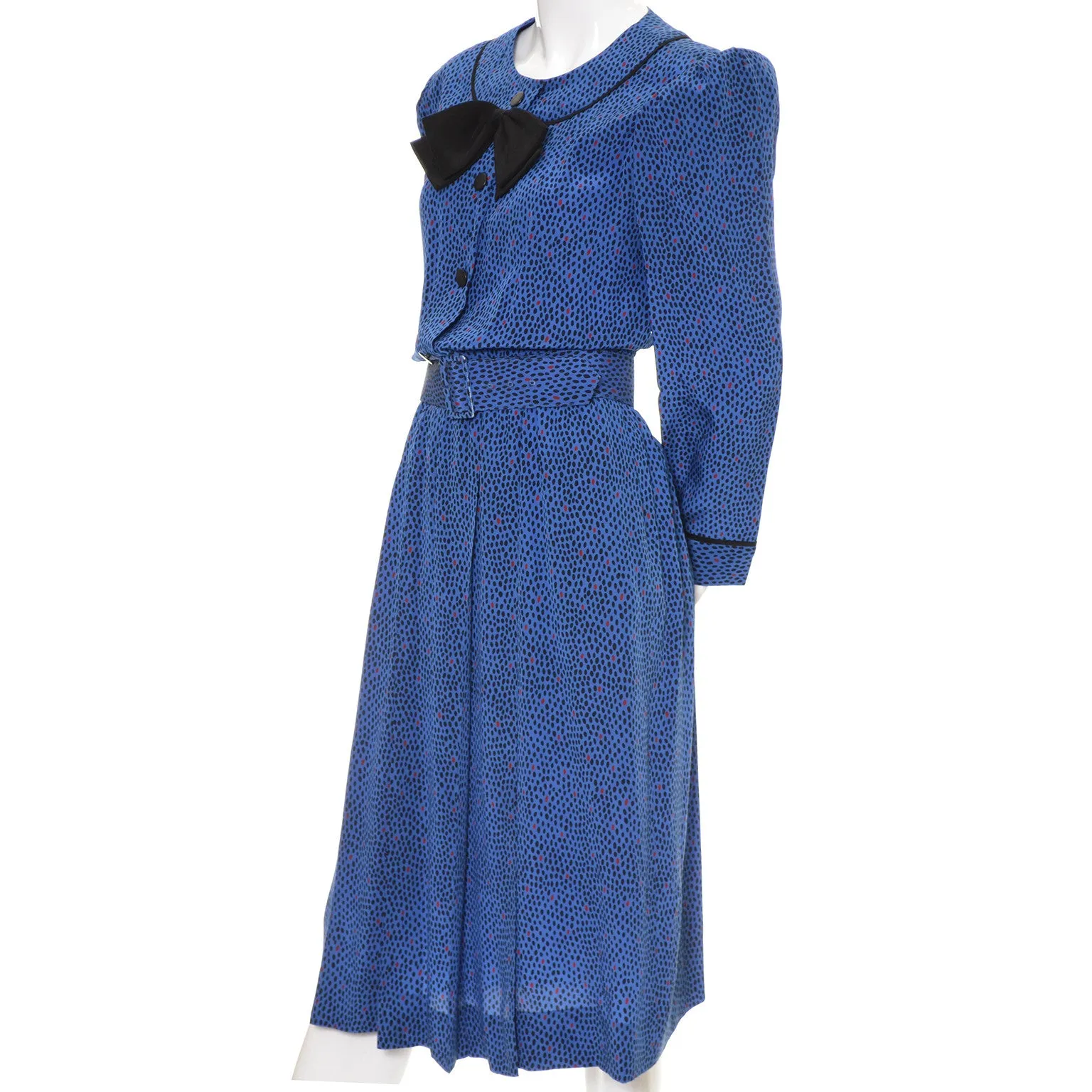 Albert Nipon Blue Abstract Dot Silk Dress With Bow Original Belt