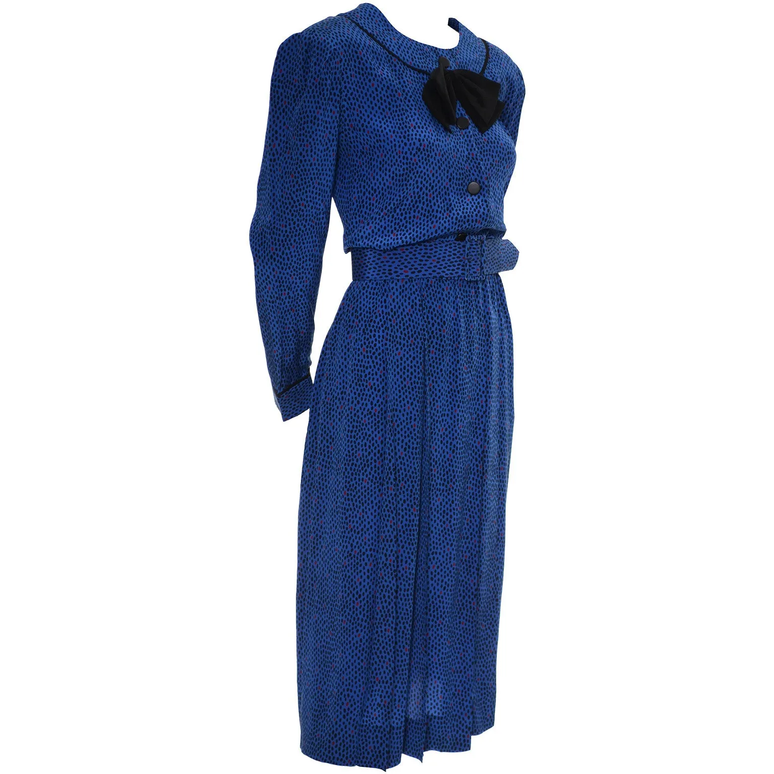 Albert Nipon Blue Abstract Dot Silk Dress With Bow Original Belt