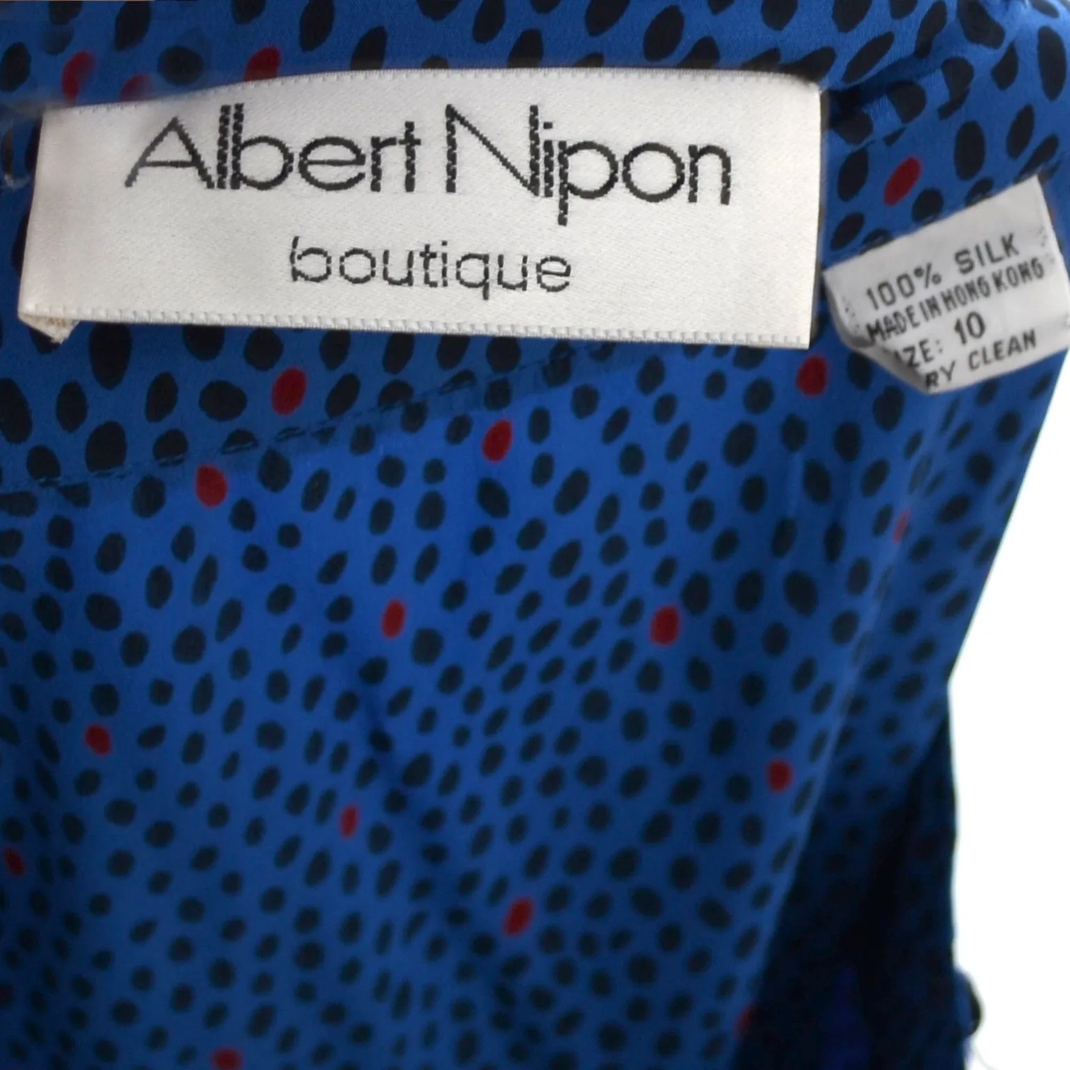 Albert Nipon Blue Abstract Dot Silk Dress With Bow Original Belt