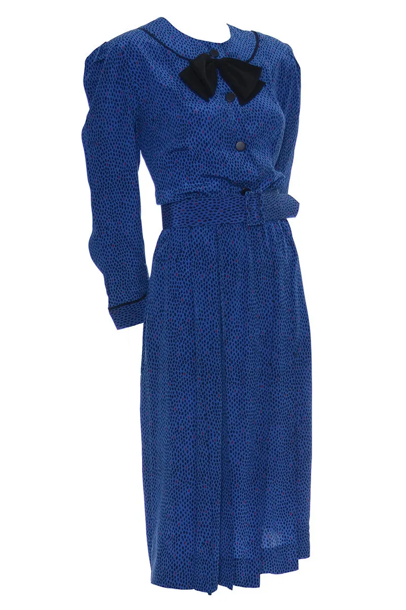 Albert Nipon Blue Abstract Dot Silk Dress With Bow Original Belt