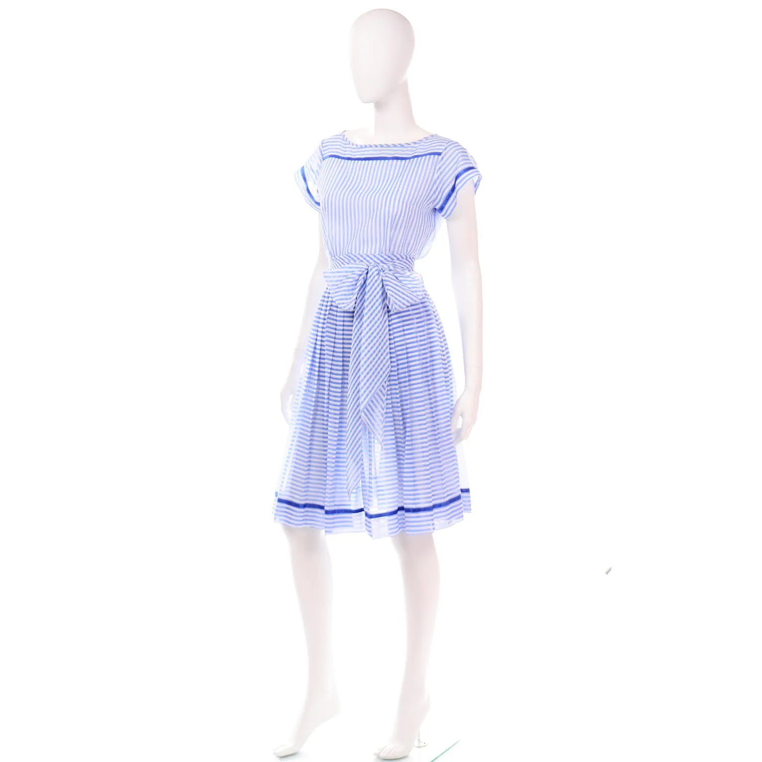 Albert Nipon Vintage Blue and White Striped Cotton Dress