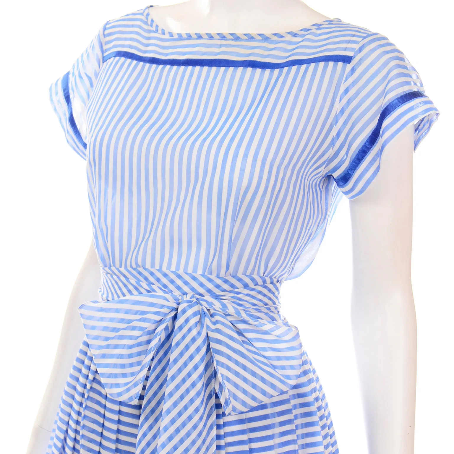 Albert Nipon Vintage Blue and White Striped Cotton Dress