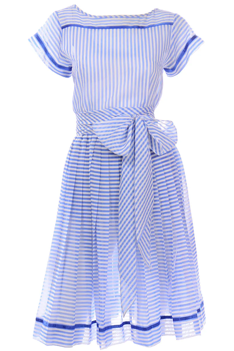 Albert Nipon Vintage Blue and White Striped Cotton Dress