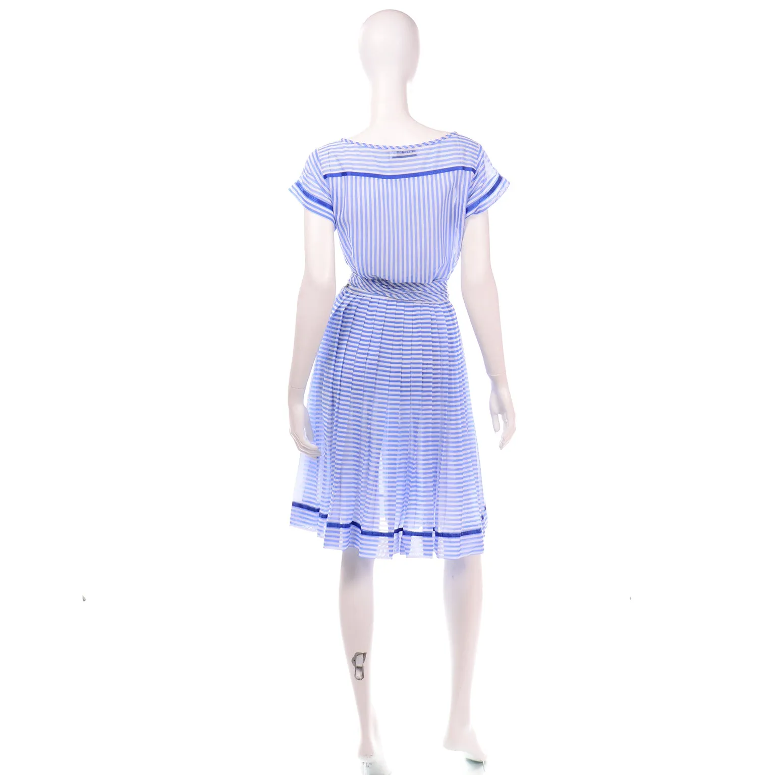 Albert Nipon Vintage Blue and White Striped Cotton Dress