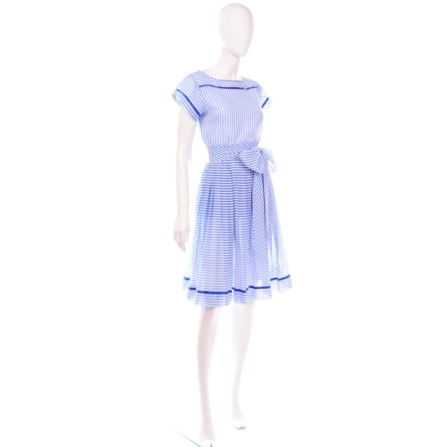 Albert Nipon Vintage Blue and White Striped Cotton Dress