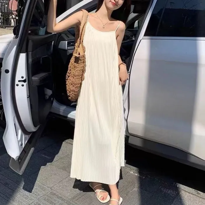 arwen&ajh مجموعة أروين التجارية 2024 Women's Pleated Slip Skirt For Summer 2024 High-end Elegant Slim-fit Dress Loose French Style Light Luxury Solid Color Long Skirt