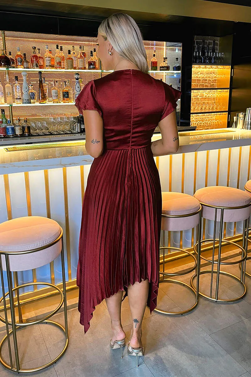 AX PARIS WINE WRAP TOP ZIG ZAG HEM PLEATED MIDI DRESS