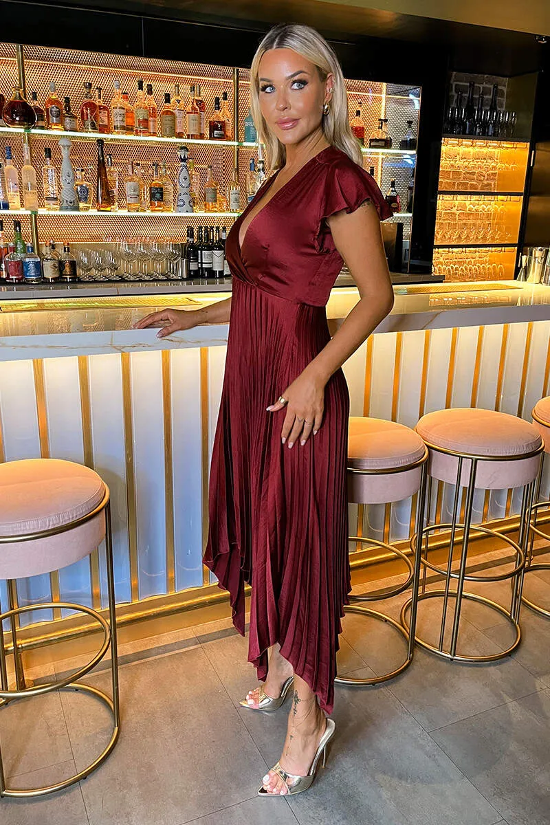 AX PARIS WINE WRAP TOP ZIG ZAG HEM PLEATED MIDI DRESS