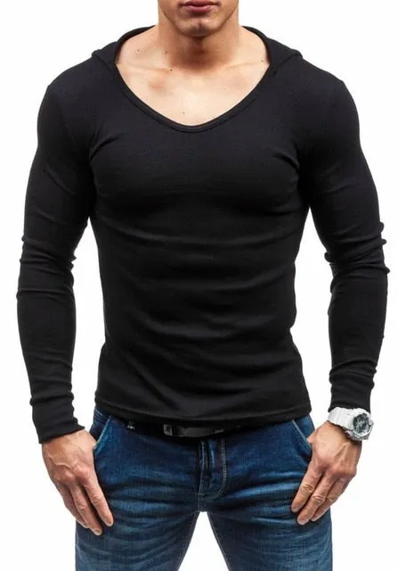 Basic O Neck Men Hooded Slim Long Sleeves T-Shirt